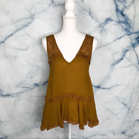 Free People Tops - Free People Mustard Lace V-Neck Tank Top